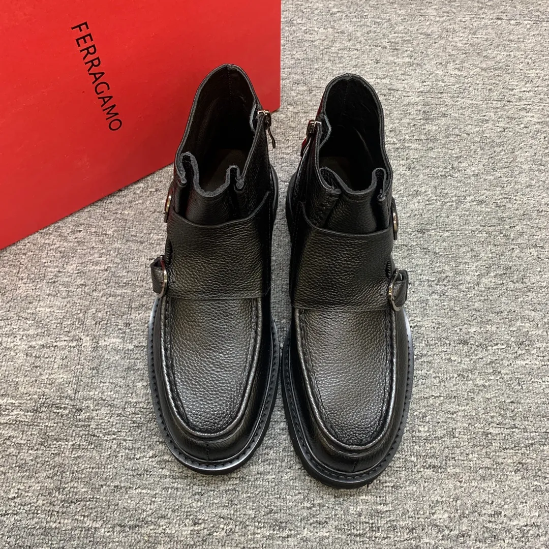Men's shoes 💰960 🎁🎁🎁😈[Ferragamo] Men's high-top boots, the latest hot style, 1:1 original purchase quality, top quality, imported cowhide for the uppers, imported cowhide for the lining and feet, with original lightweight foam outsole, matching code 39-44, (38, 45 custom-made, non-refundable)